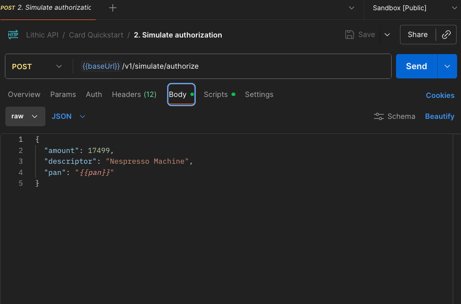 API request body for simulating card authorization with amount, descriptor, and pan fields.