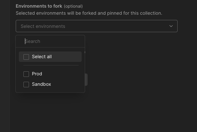 Dropdown menu showing environment selection options for Prod and Sandbox.