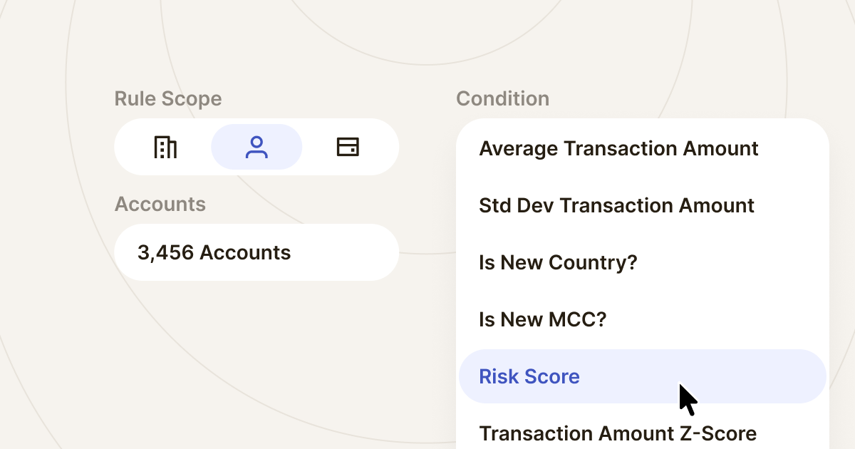 Contextual rule configuration showing rule scope, account selection, and available condition inputs like risk score and transaction amount z-score