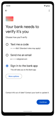 Bank verification screen showing three authentication options: text code, email, or app sign-in.