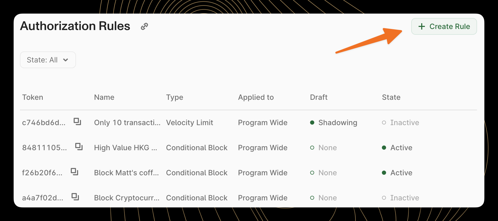 Screenshot of Authorization Rules dashboard displaying a table of active and inactive payment rules with their tokens, types, and states.