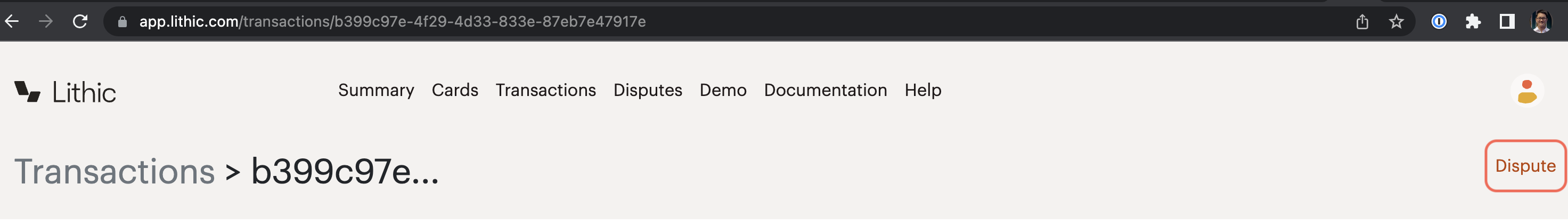Screenshot of Lithic dashboard showing a transaction details page with a Dispute button.