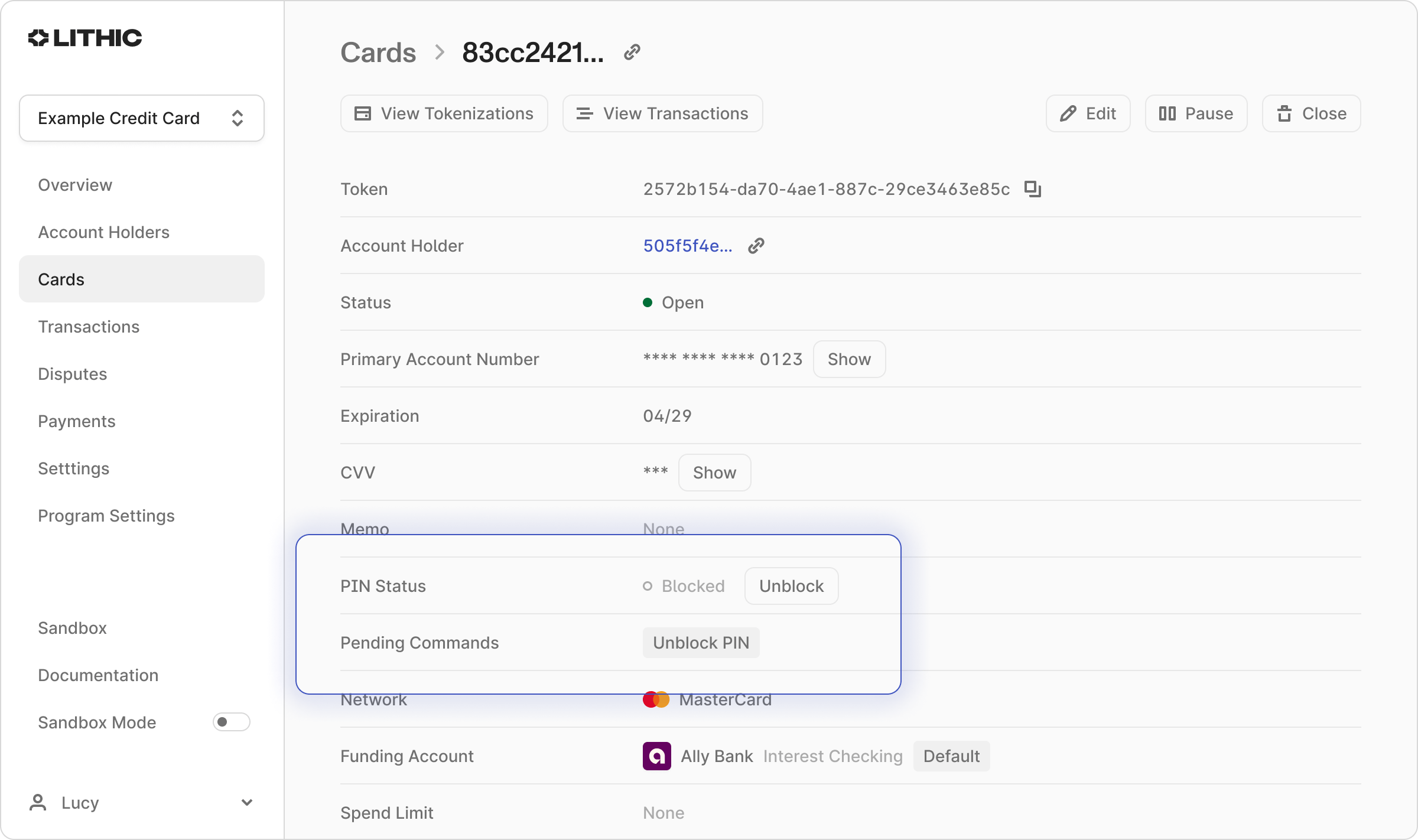 Screenshot of Lithic dashboard showing a credit card details page with PIN Status blocked and Unblock option.
