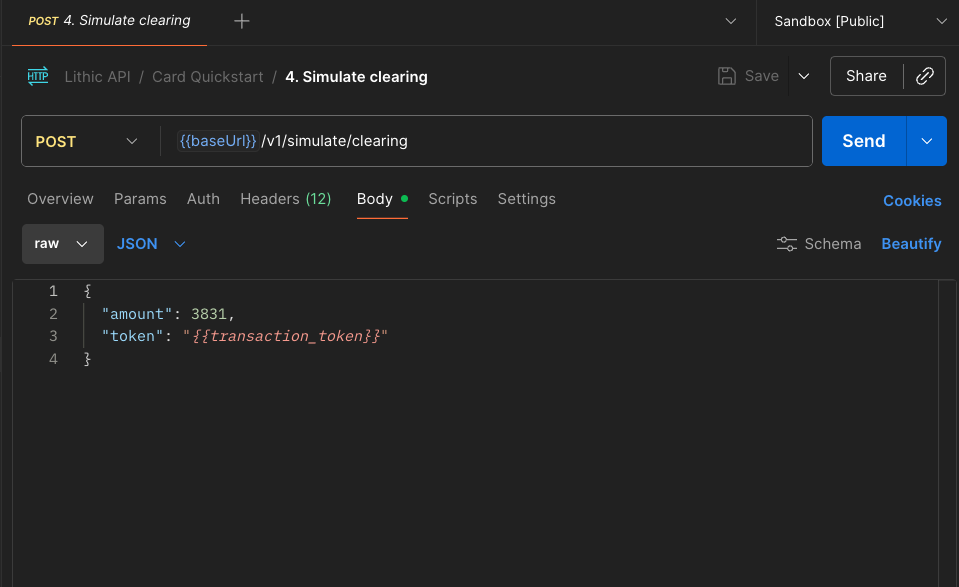 API request example showing POST endpoint for simulating card clearing with amount and transaction token parameters.