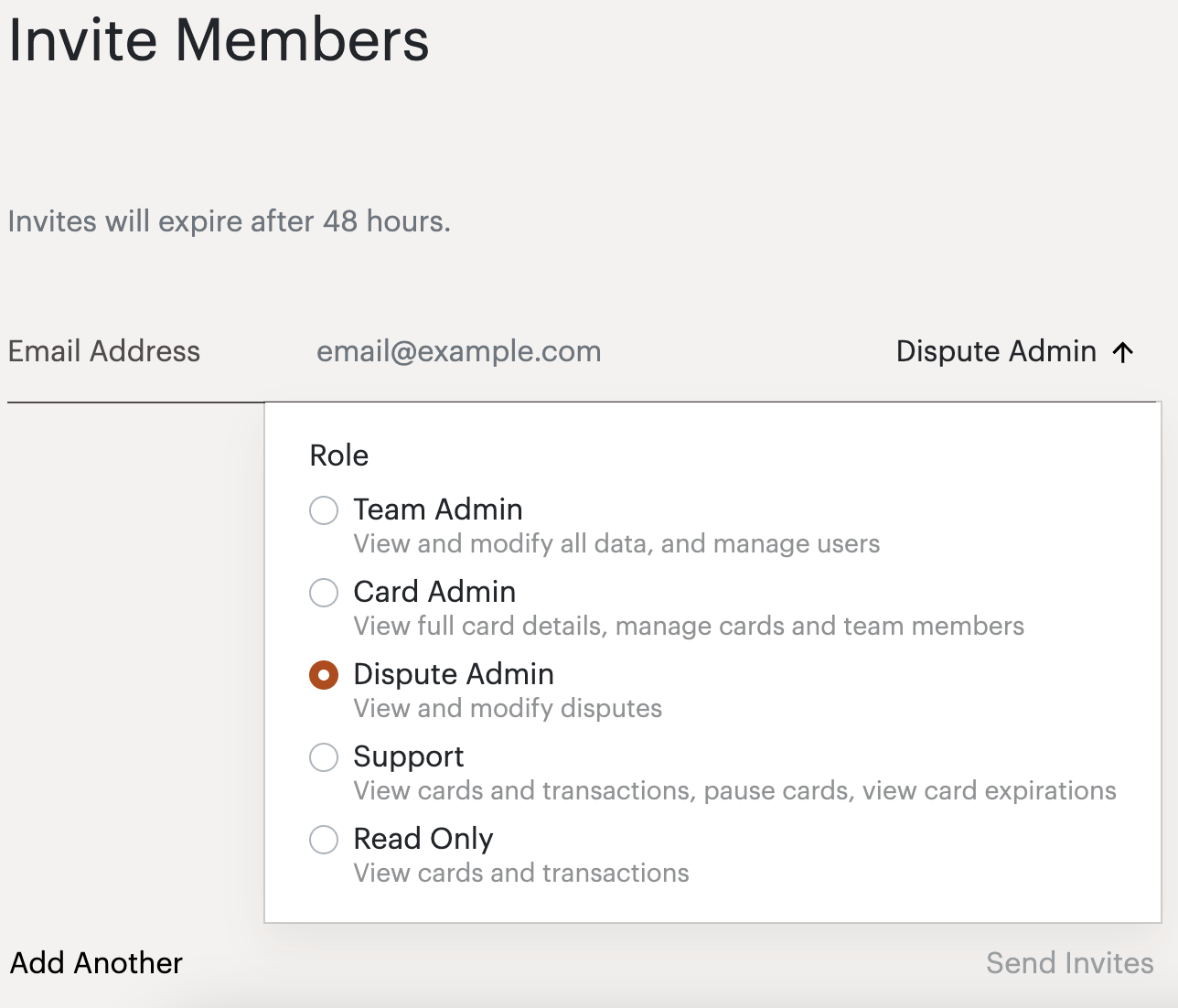 Invite Members dialog showing role selection with Dispute Admin option selected.