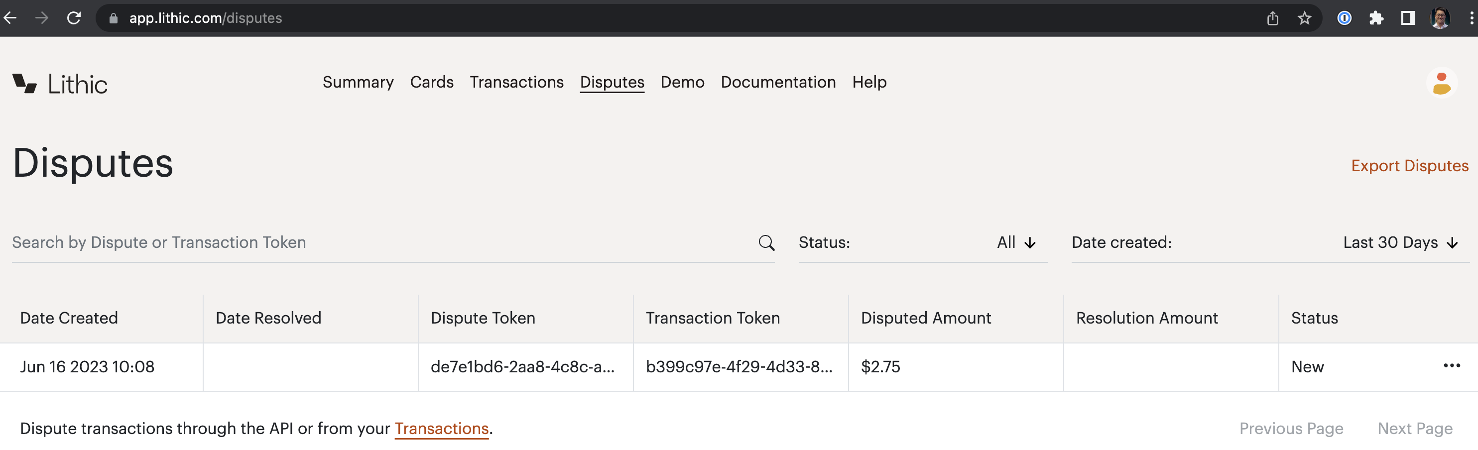 Lithic dashboard disputes page showing a table with one disputed transaction of $2.75 in New status.