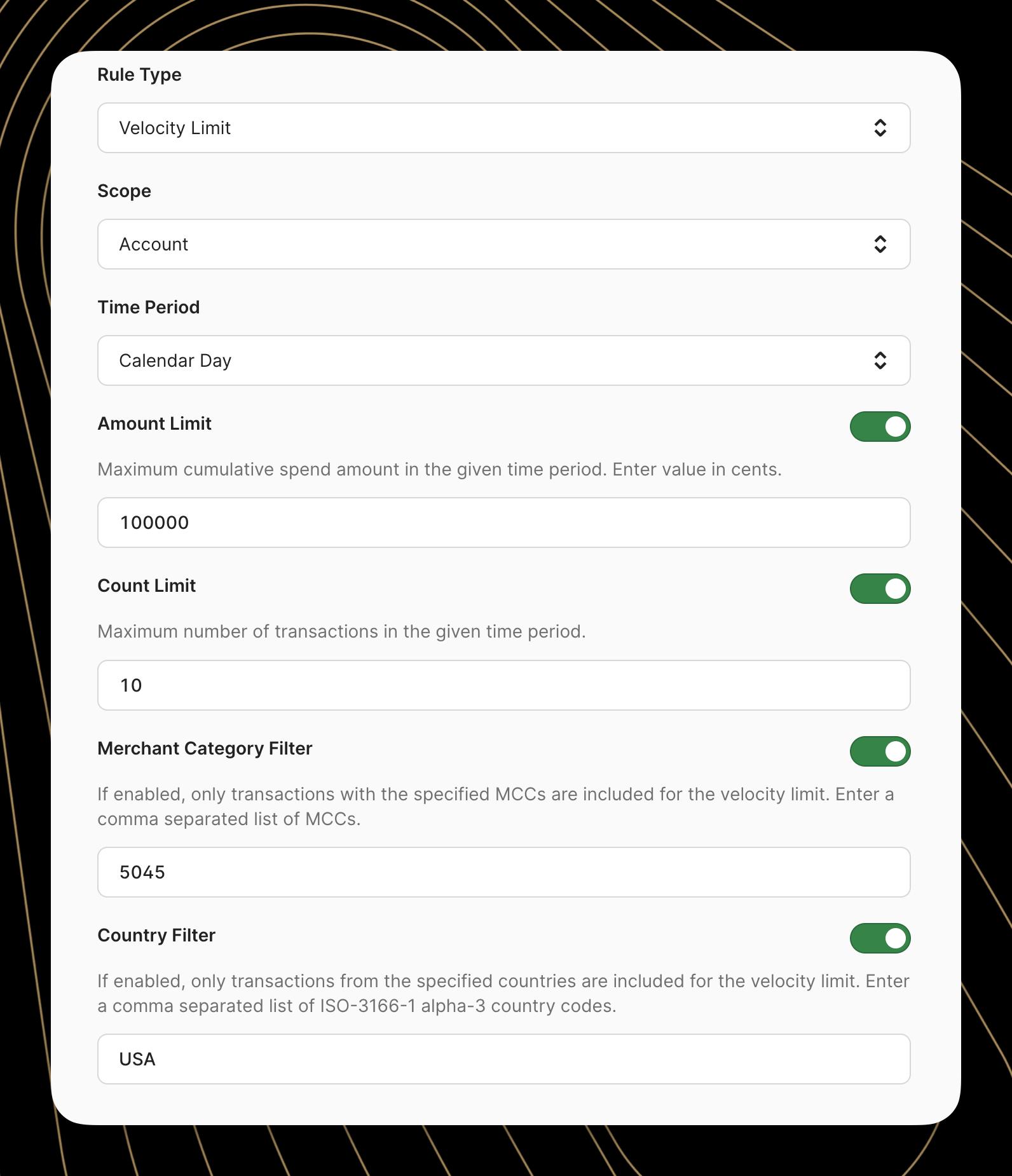 Configuration form for a velocity limit rule with account scope and daily time period settings.