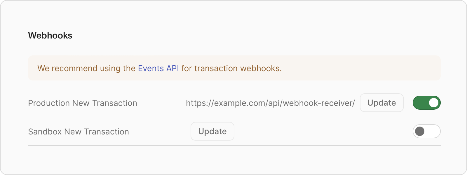 Webhooks configuration panel showing Production and Sandbox transaction webhook settings with toggle switches.
