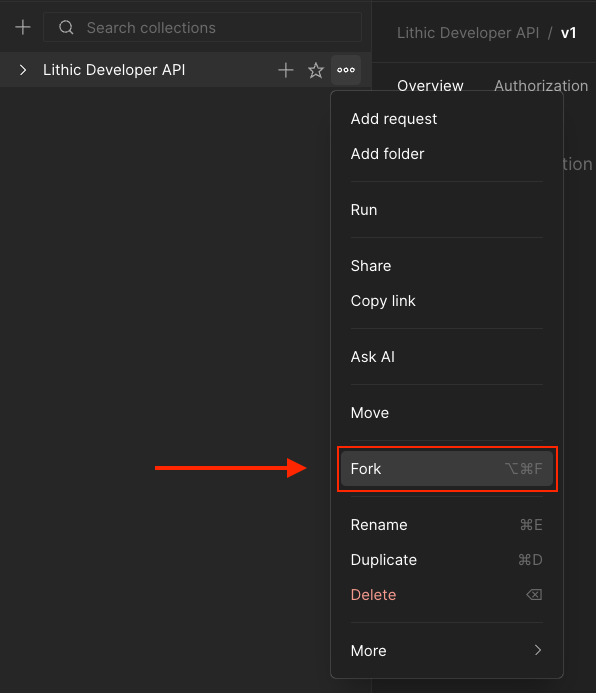Postman menu showing Fork option highlighted for Lithic Developer API collection.