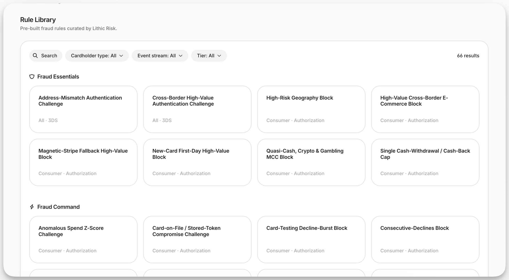 The Rule Library in the Lithic Dashboard, with search and filter controls for cardholder type, event stream, and tier, and rules grouped into Fraud Essentials and Fraud Command sections