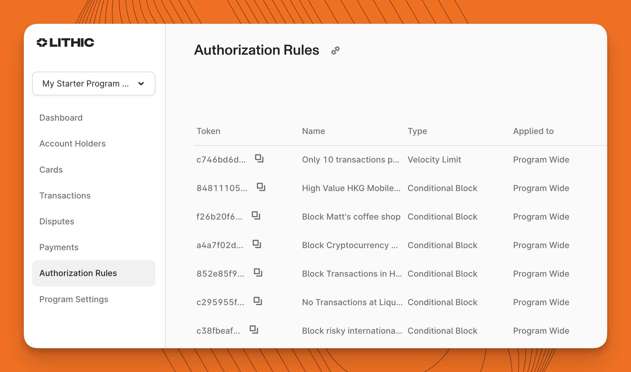 Screenshot of Lithic dashboard Authorization Rules page displaying a list of velocity and conditional block rules.