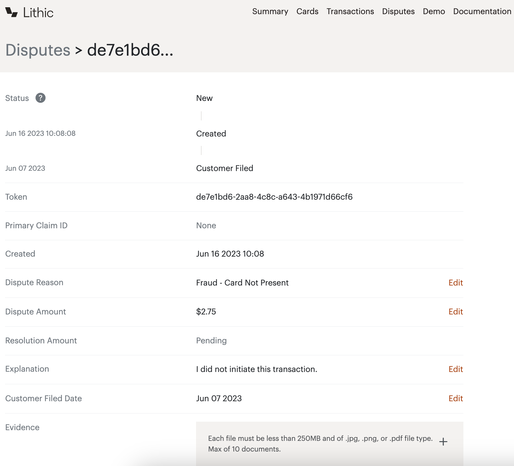 Lithic dashboard screenshot displaying dispute details including status, reason, amount, and evidence upload section.