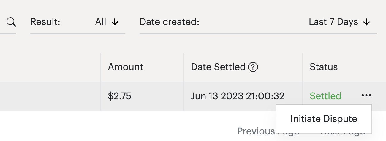 Screenshot of a settled dispute transaction showing $2.75 amount and settlement date.