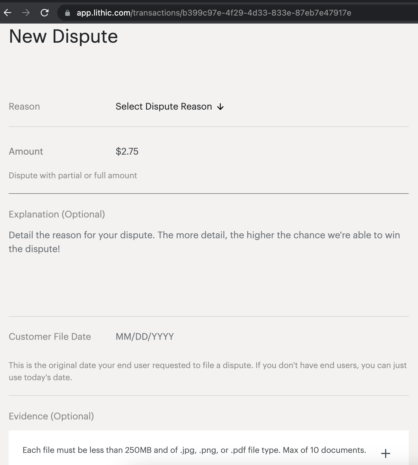 Form for creating a new dispute with reason, amount, explanation, and evidence fields.