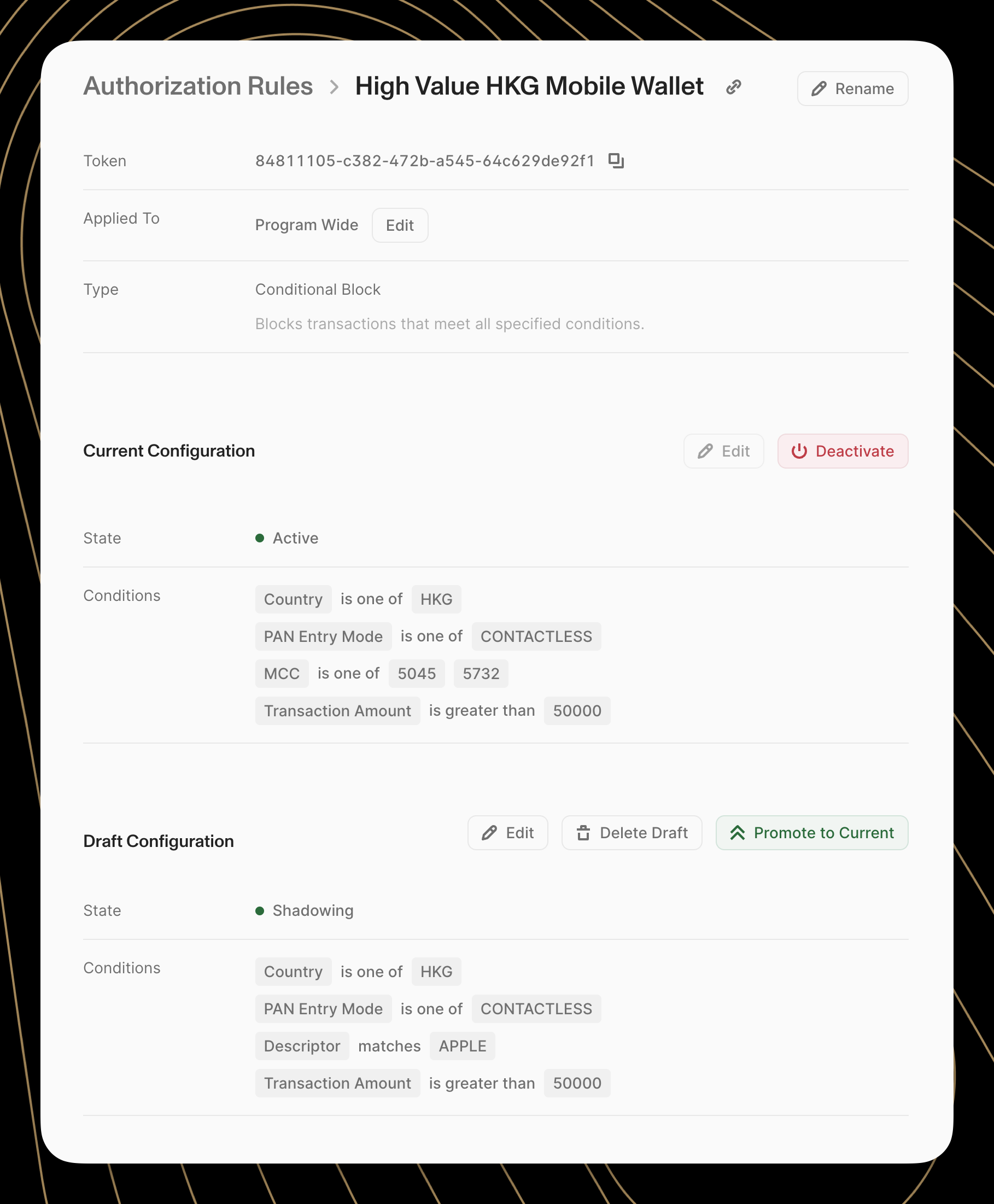 Authorization Rules dashboard showing High Value HKG Mobile Wallet configuration with active and draft conditions.