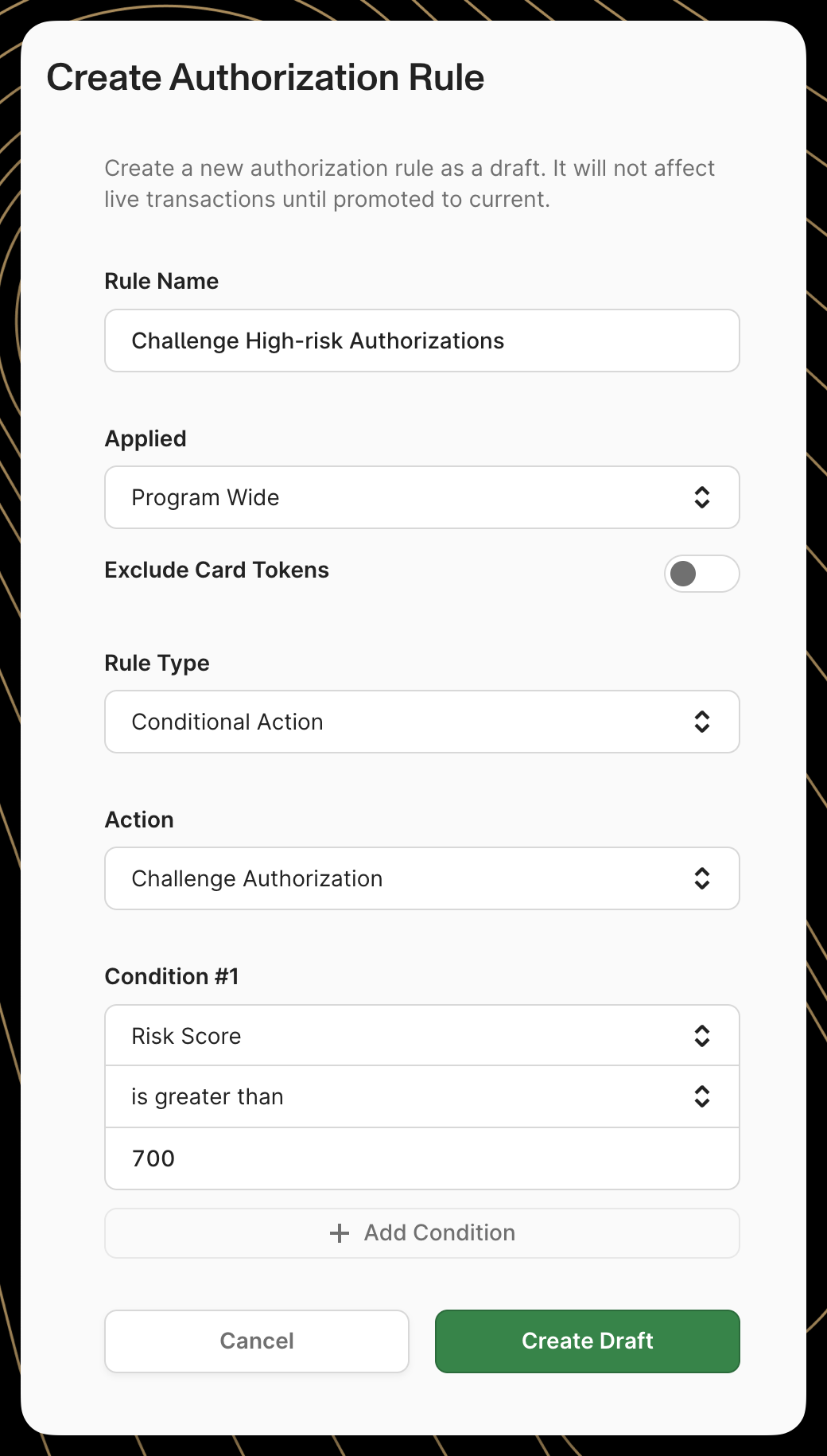 Form for creating an authorization rule named 'Challenge High-risk Authorizations' with risk score condition.